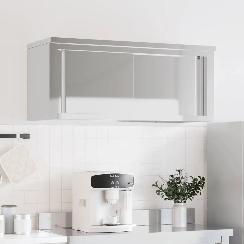 Stainless Steel Kitchen Wall Cabinet Sliding Doors Food Storage Silver
