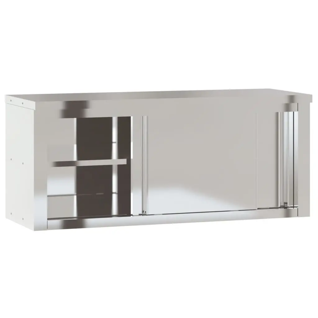 Stainless Steel Kitchen Wall Cabinet Sliding Doors Food Storage Silver