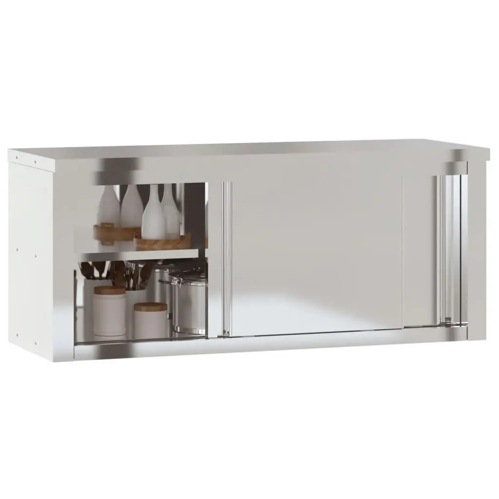 Stainless Steel Kitchen Wall Cabinet Sliding Doors Food Storage Silver
