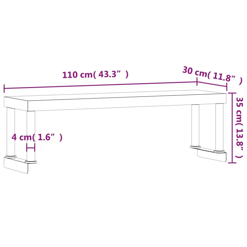 Stainless Steel Work Table Overshelf Mounted Prep Kitchen Storage 110 x 30 x 35 cm