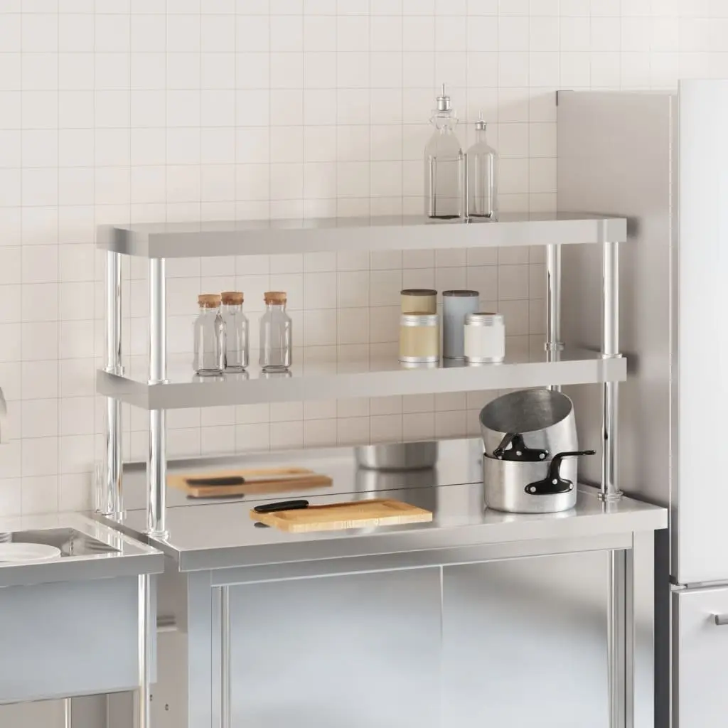 Work Table Overshelf 2-Tier Stainless Steel Kitchen Prep Shelf Rack 110x30x65cm Silver