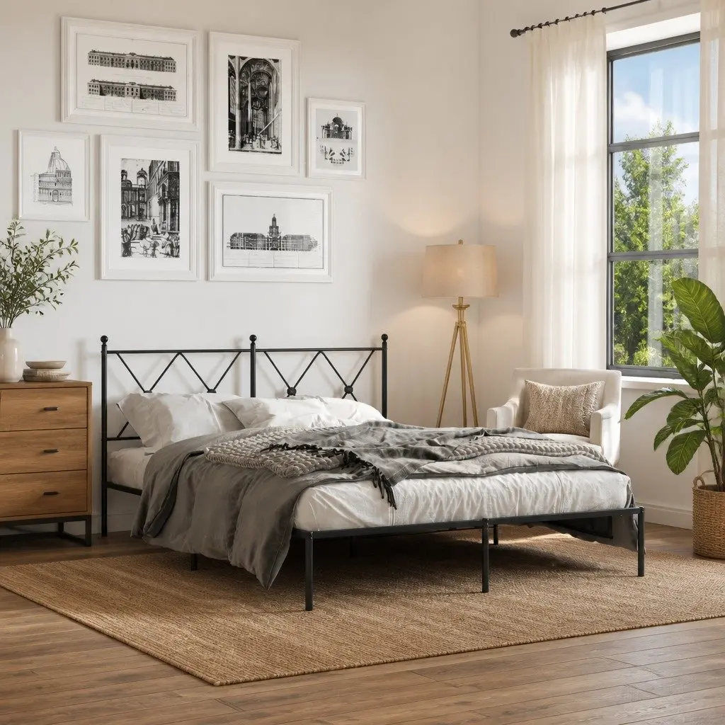 Metal Bed Frame 135x190 cm Black with Headboard