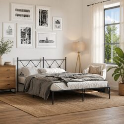 Reliable Metal Bed Frame 135x190 cm Black with Headboard
