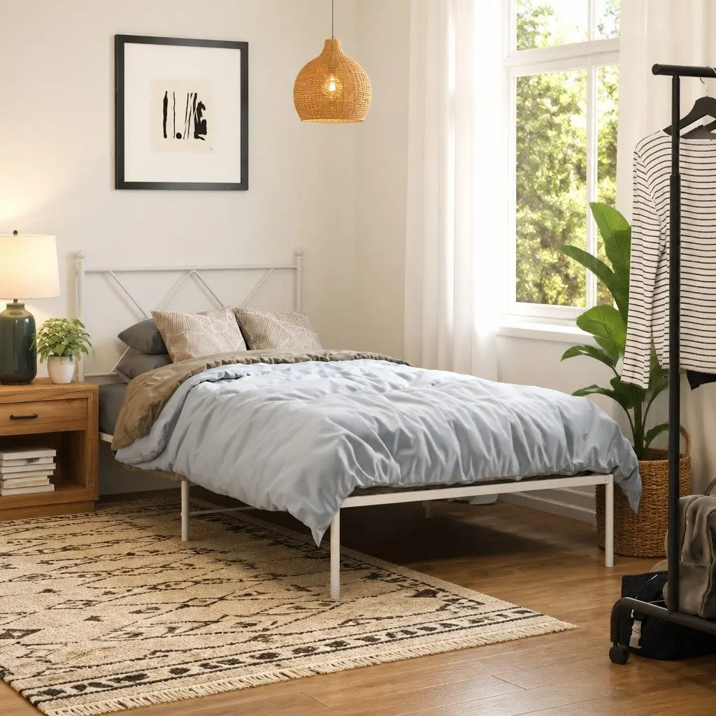 Metal Bed Frame 90x190 cm with Headboard and Storage