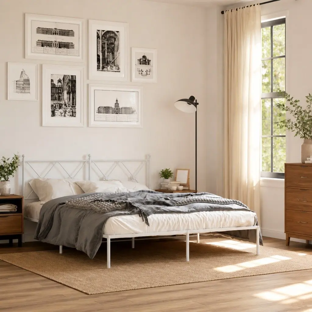 Metal Bed Frame White 150x200 cm Bedroom Furniture Slatted Base
