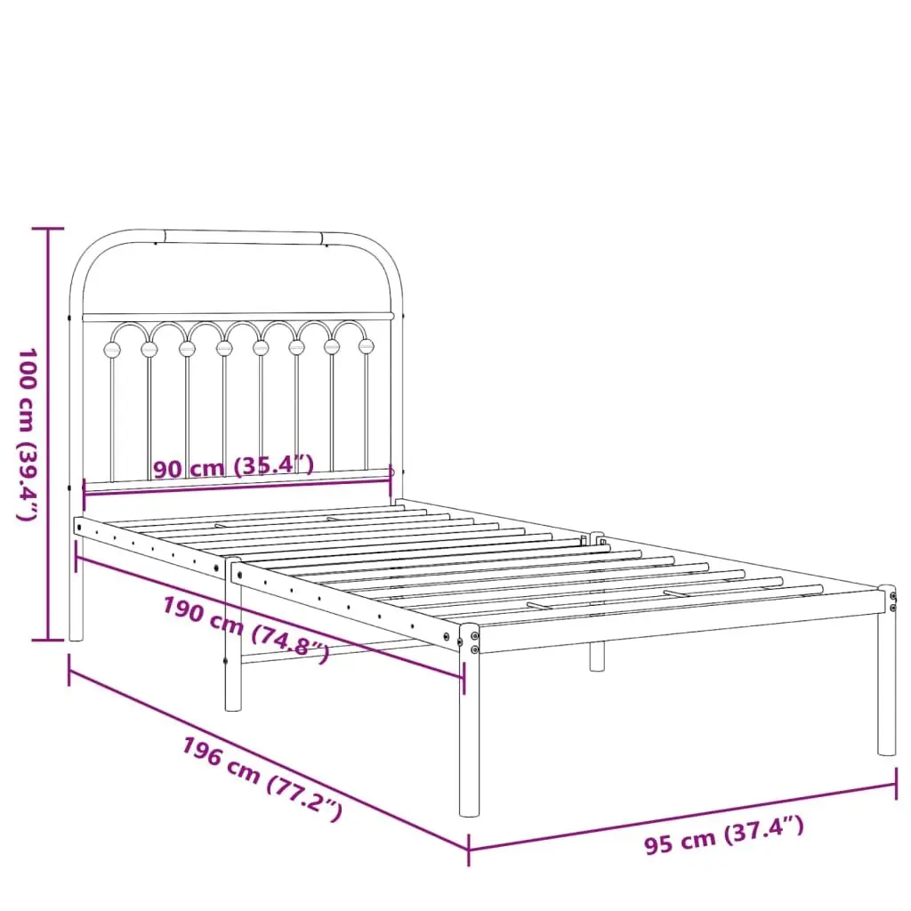 Metal Bed Frame Black 90x190 cm Bedroom Furniture Headboard Slatted Base Storage