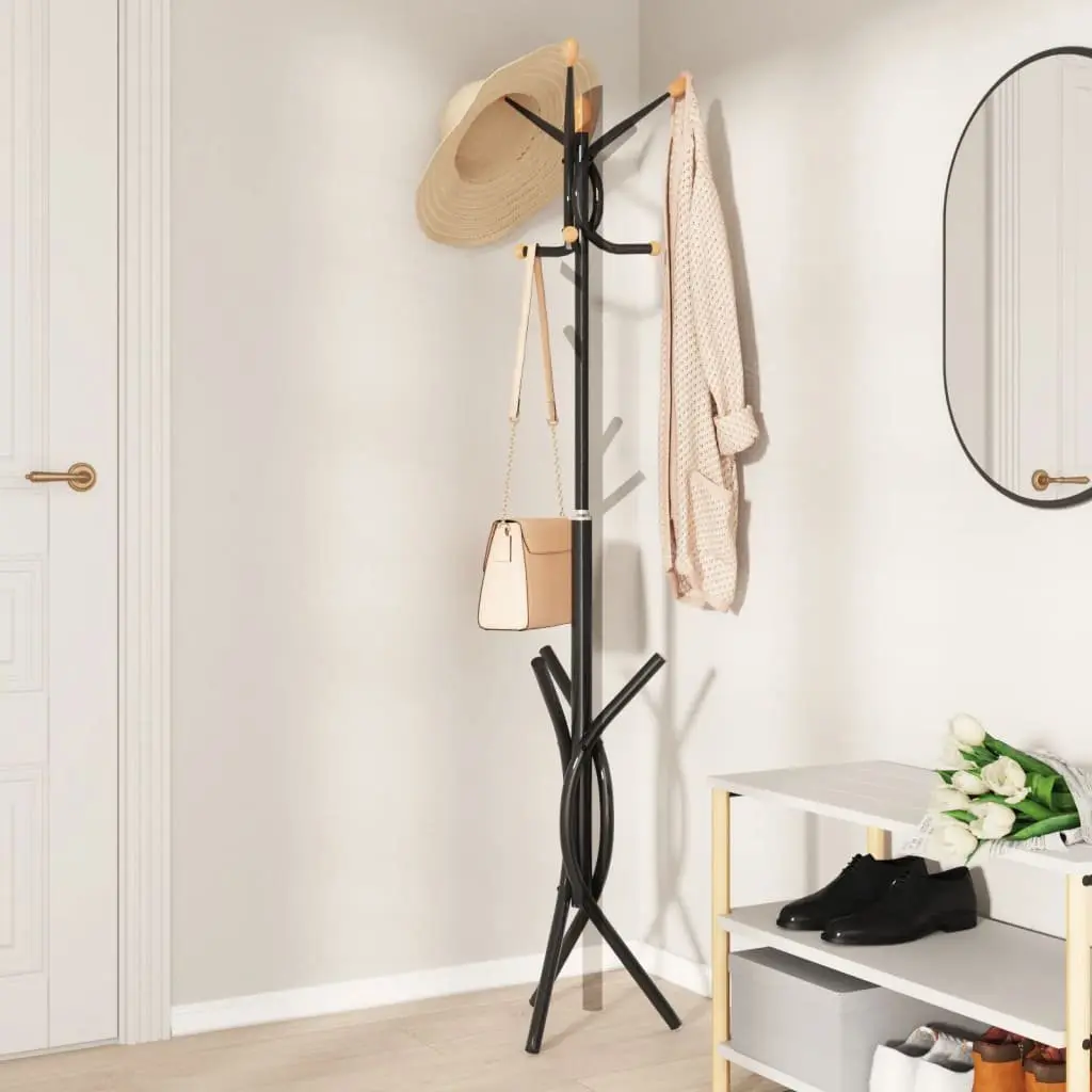 Coat Stand Black 176cm Iron Frame 9 Hooks Storage Rack Hallway Bedroom Organiser