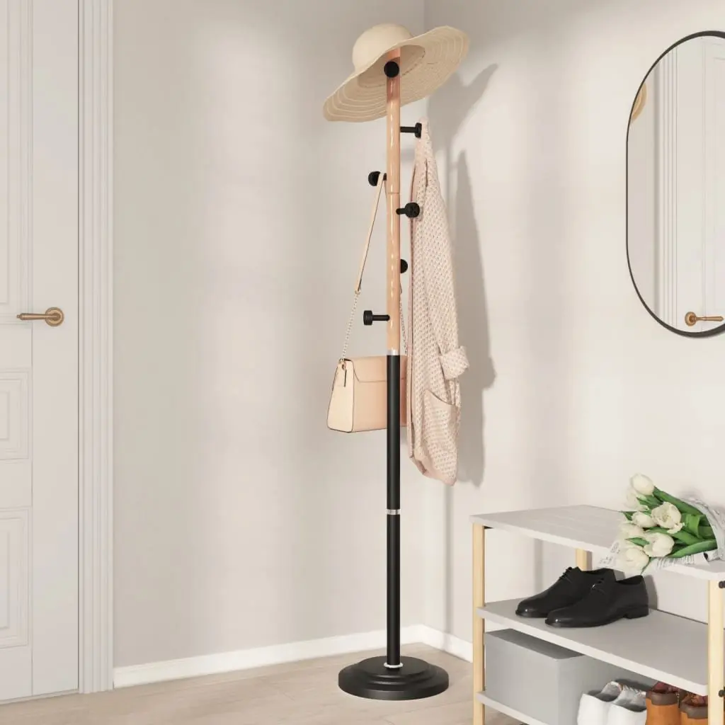 Coat Stand Black 177cm Iron Beech Wood Storage Rack 6 Hooks