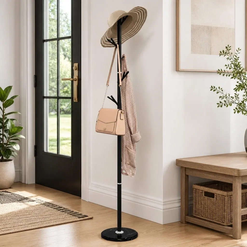 Coat Stand Black 175 cm Iron Frame 12 Hooks Hallway Bedroom Storage Organizer