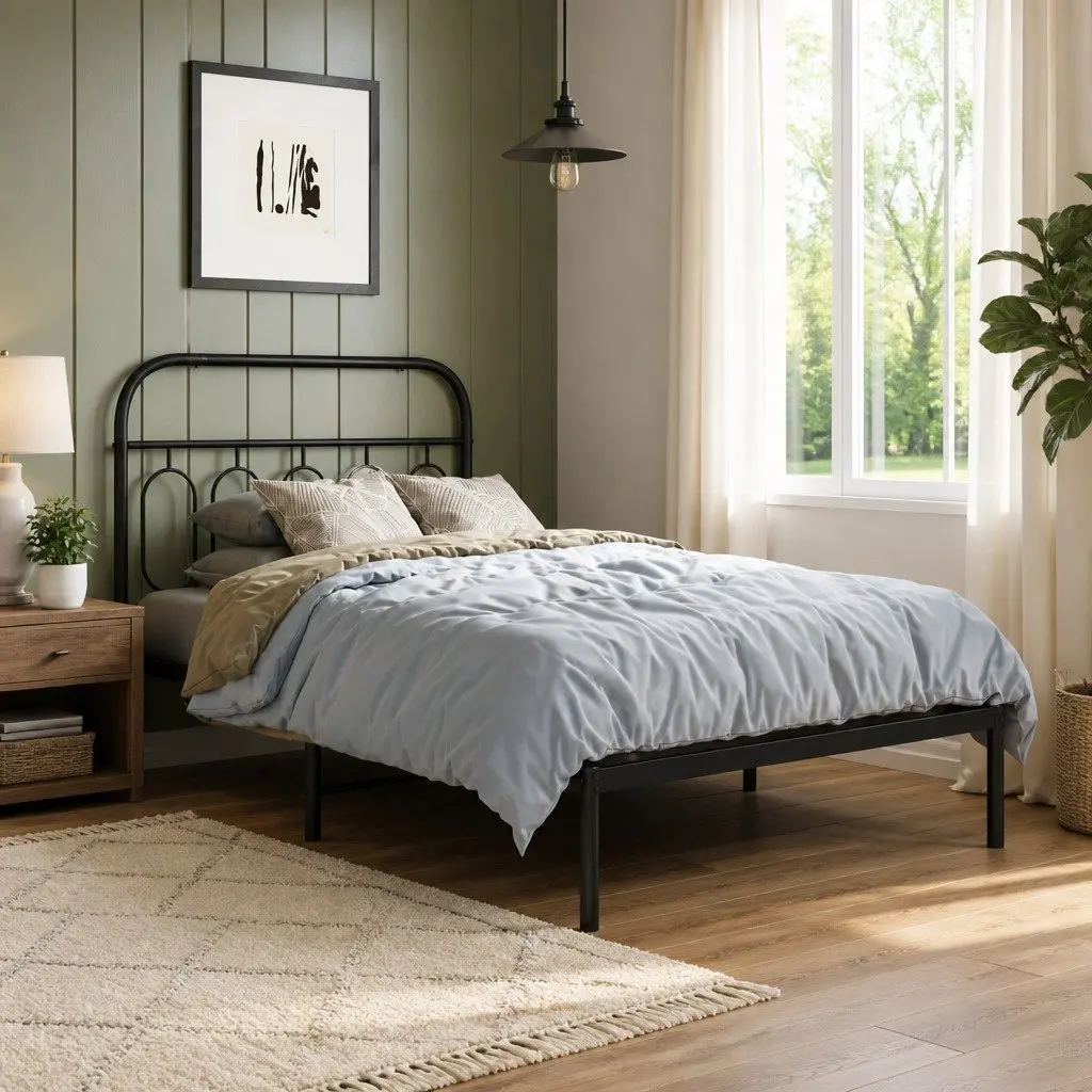 King Single Metal Bed Frame 107x203cm Black Steel with Headboard and Under-Bed Storage Space