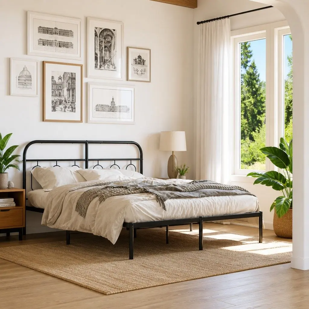 Metal Bed Frame Bedroom Furniture 150x200 cm Black Steel
