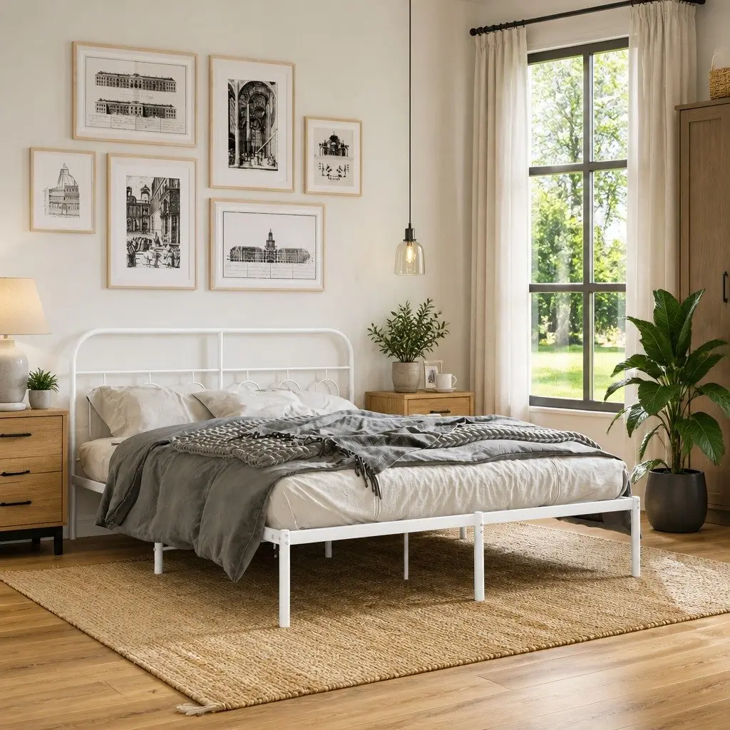 White Metal Bed Frame with Headboard