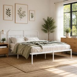 Metal Bed Frame with Headboard White 150x200 cm Bedroom Furniture