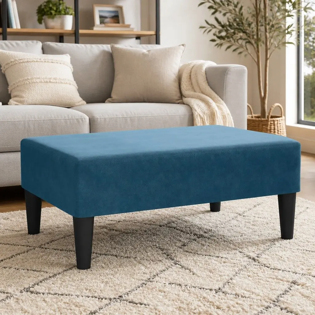 Ottoman Footstool Compact Foot Rest Blue Velvet Living Room Bedroom Furniture