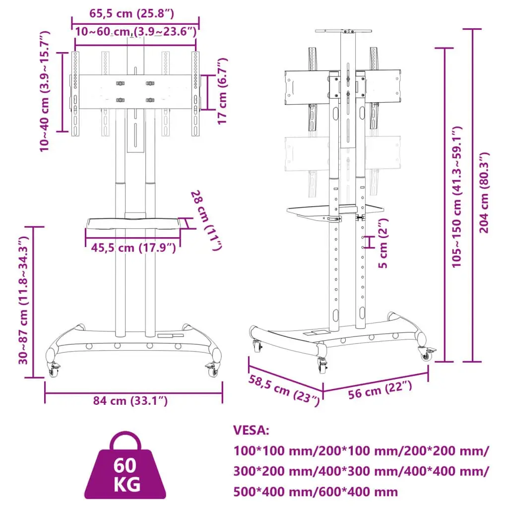 TV Stand on Wheels Height Adjustable for 32-70 Inch Monitors Black