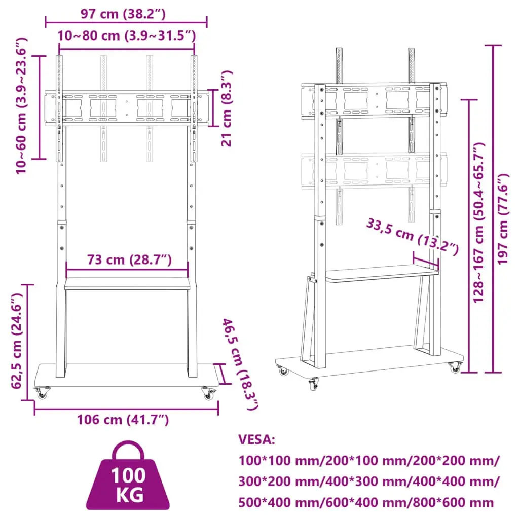 TV Stand on Wheels for 32-90 Inch Screens Height Adjustable Black