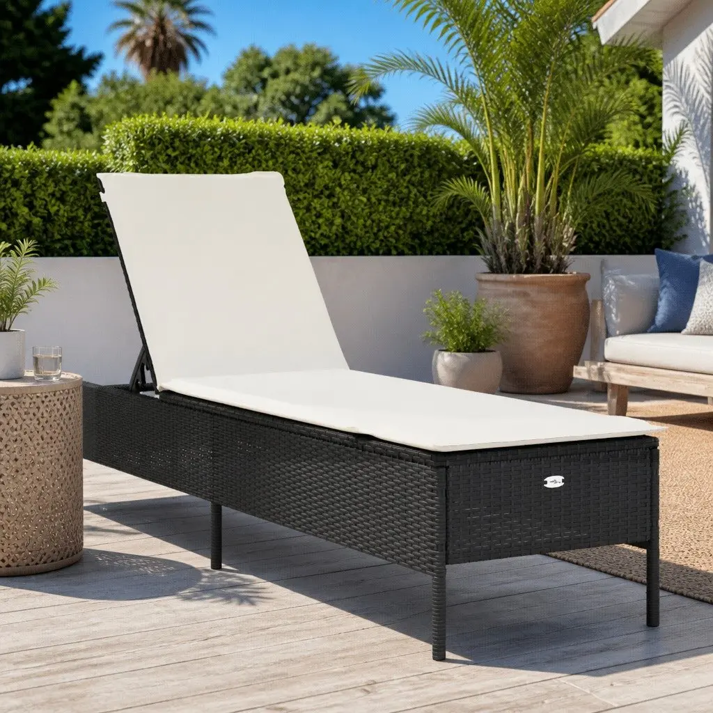 Black Poly Rattan Sun Lounger with Cushioned Comfort