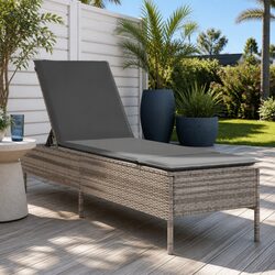 Sun Lounger with Cushion Grey Poly Rattan Outdoor Furniture Adjustable Backrest