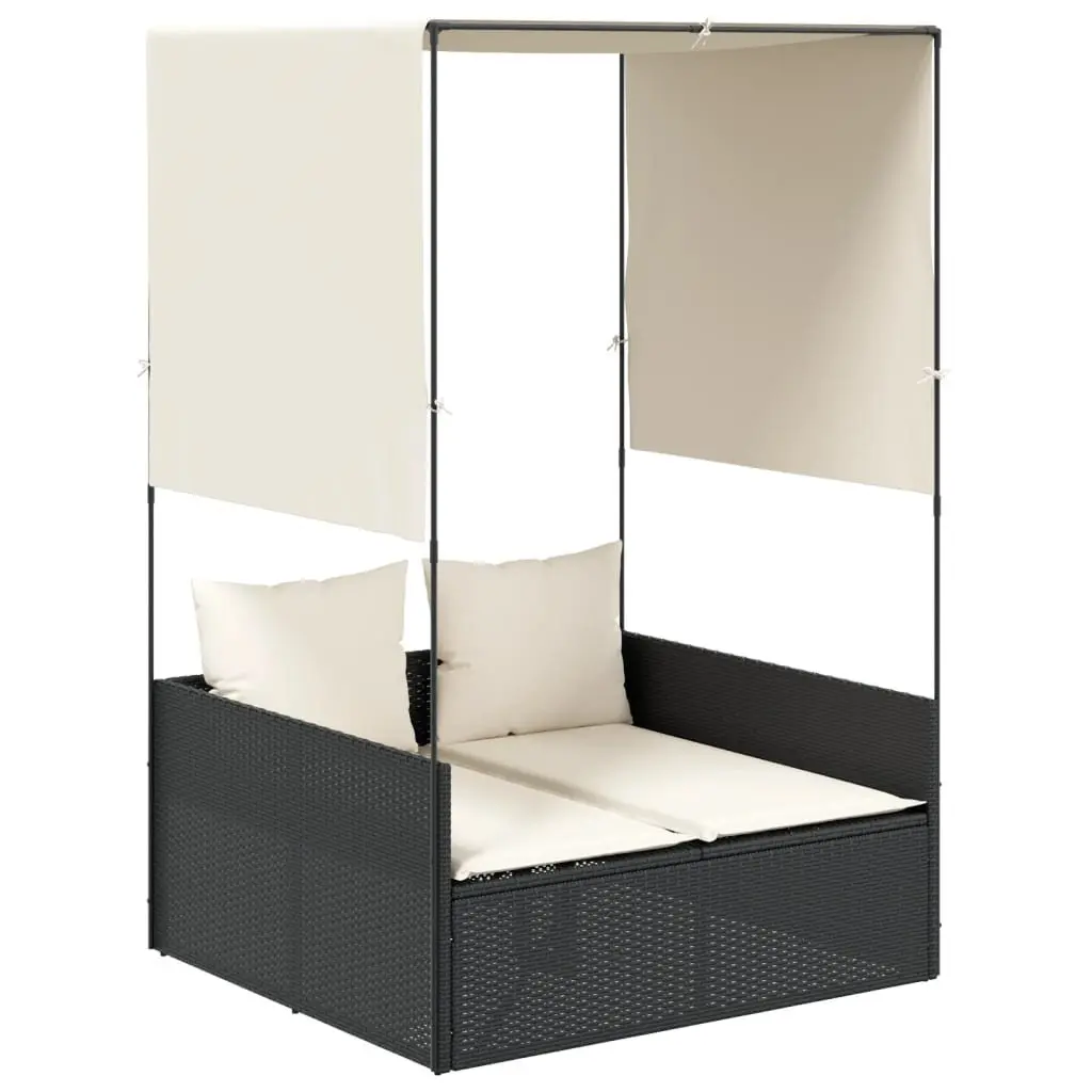 Double Sun Lounger Outdoor Garden Furniture Black Rattan with Roof and Curtains