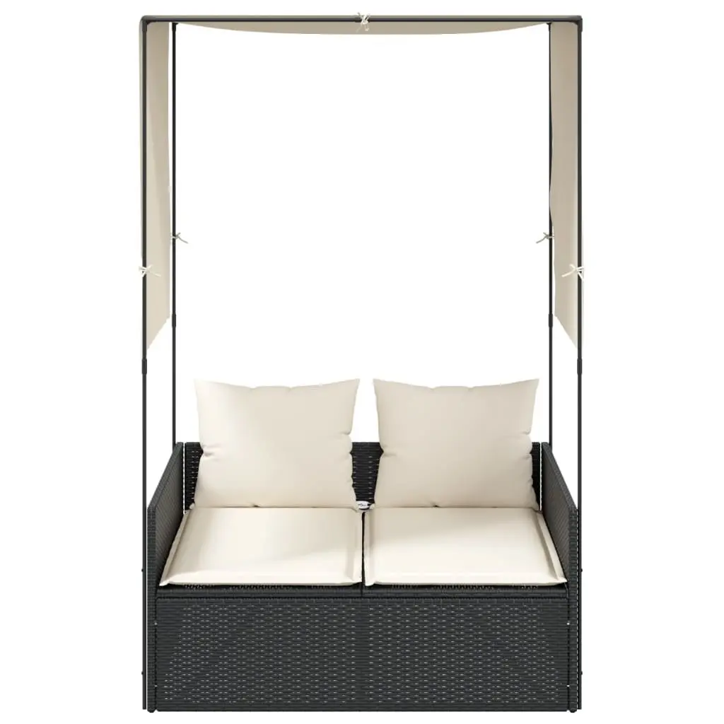 Double Sun Lounger Outdoor Garden Furniture Black Rattan with Roof and Curtains