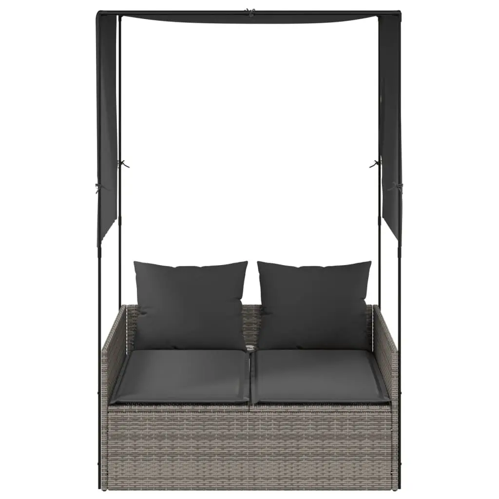 Double Sun Lounger Outdoor Garden Furniture Grey Poly Rattan with Roof Curtains