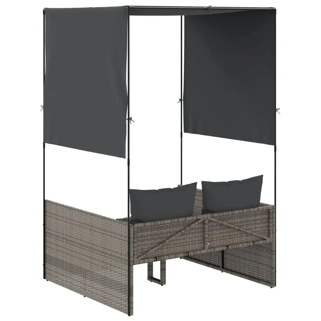 Double Sun Lounger Outdoor Garden Furniture Grey Poly Rattan with Roof Curtains