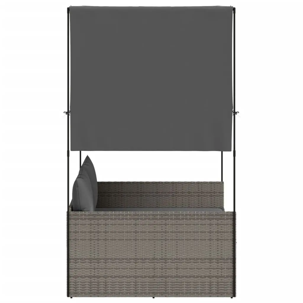 Double Sun Lounger Outdoor Garden Furniture Grey Poly Rattan with Roof Curtains