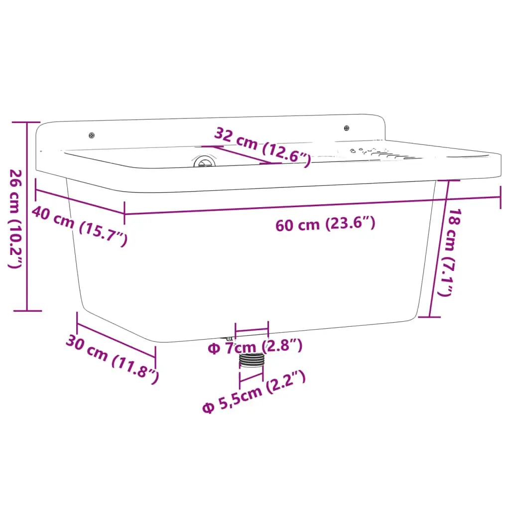 Grey Utility Sink Washbasin Wall Mounting Indoor Outdoor Garden Resin 60x40x28cm