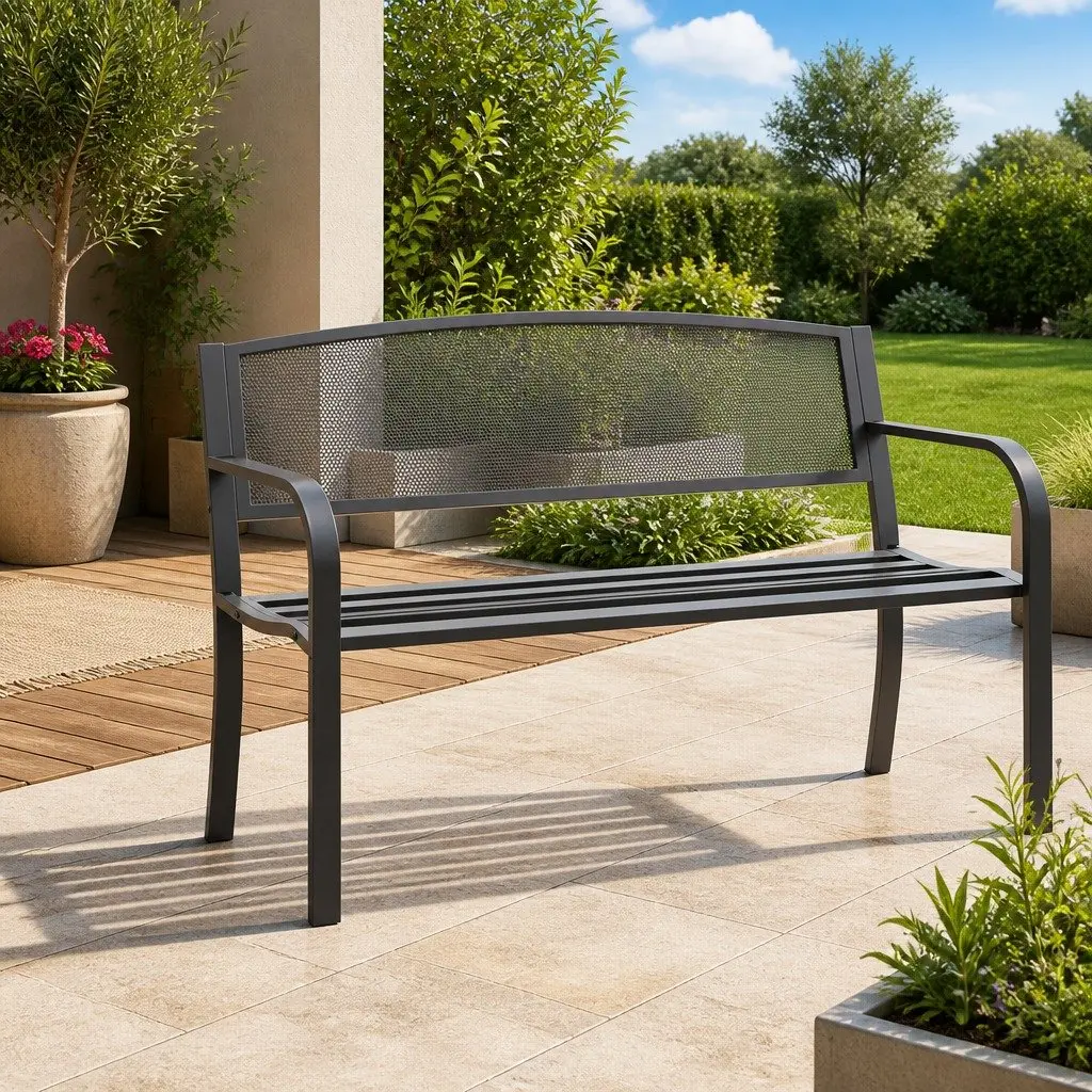 Garden Bench Outdoor Seating 119cm Black Steel Frame with Armrest Backrest