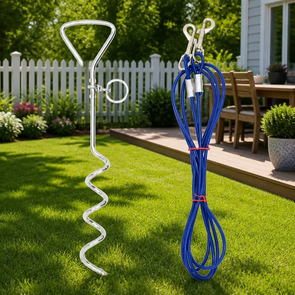 Dog Tie Out Cable 3m Outdoor Garden Safety Tether Blue