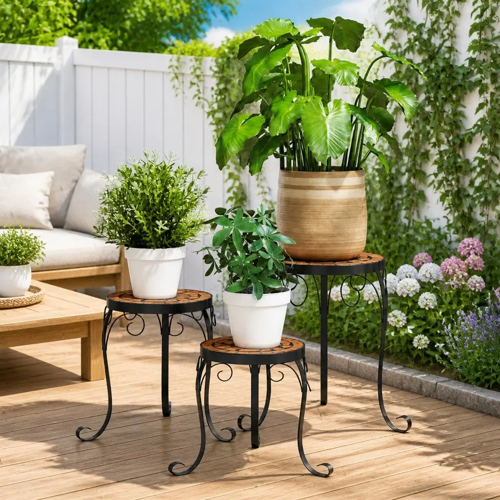 Plant Stands 3 pcs Terracotta Ceramic Mosaic Design Garden Patio Indoor Outdoor
