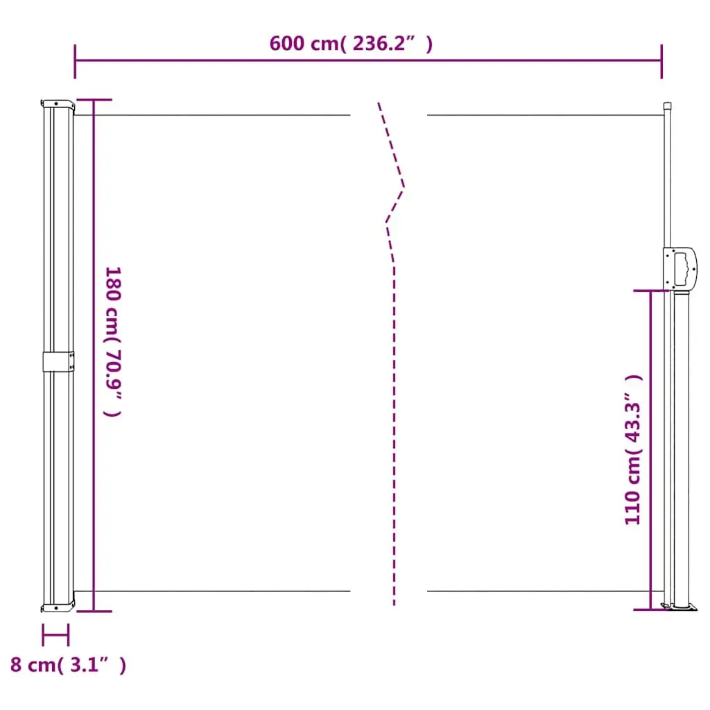 Side Awning Privacy Screen Garden Anthracite 180x600cm Retractable Shade for Patio Balcony