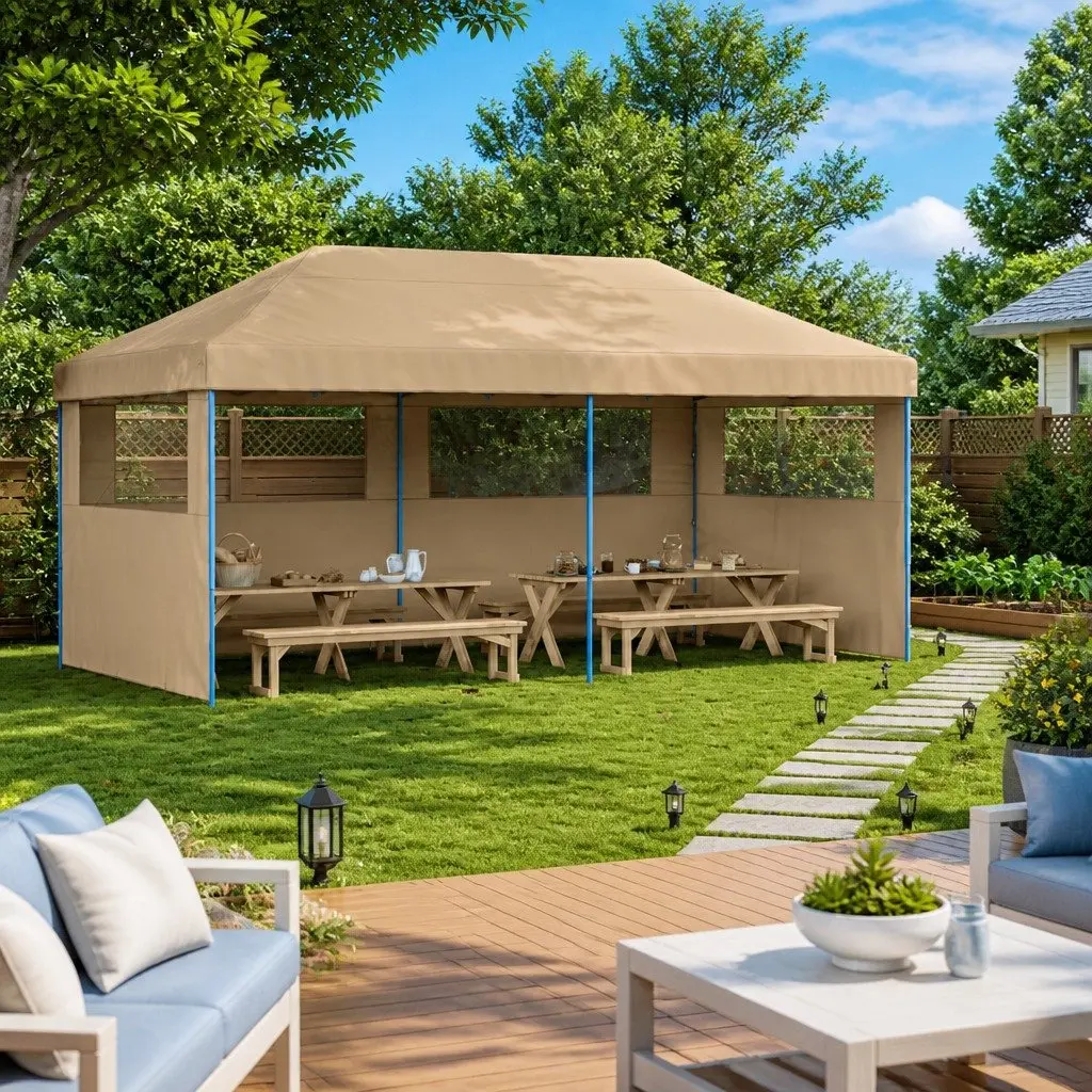 Foldable Party Tent Pop-Up Outdoor Garden Gazebo 3 Sidewalls Beige