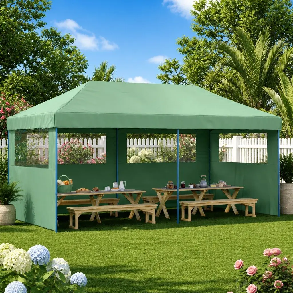 Pop-Up Party Tent Outdoor Gazebo Canopy Green 3 Sidewalls