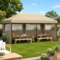 Foldable Pop-Up Party Tent 3 Sidewalls Gazebo Outdoor Event Canopy Taupe