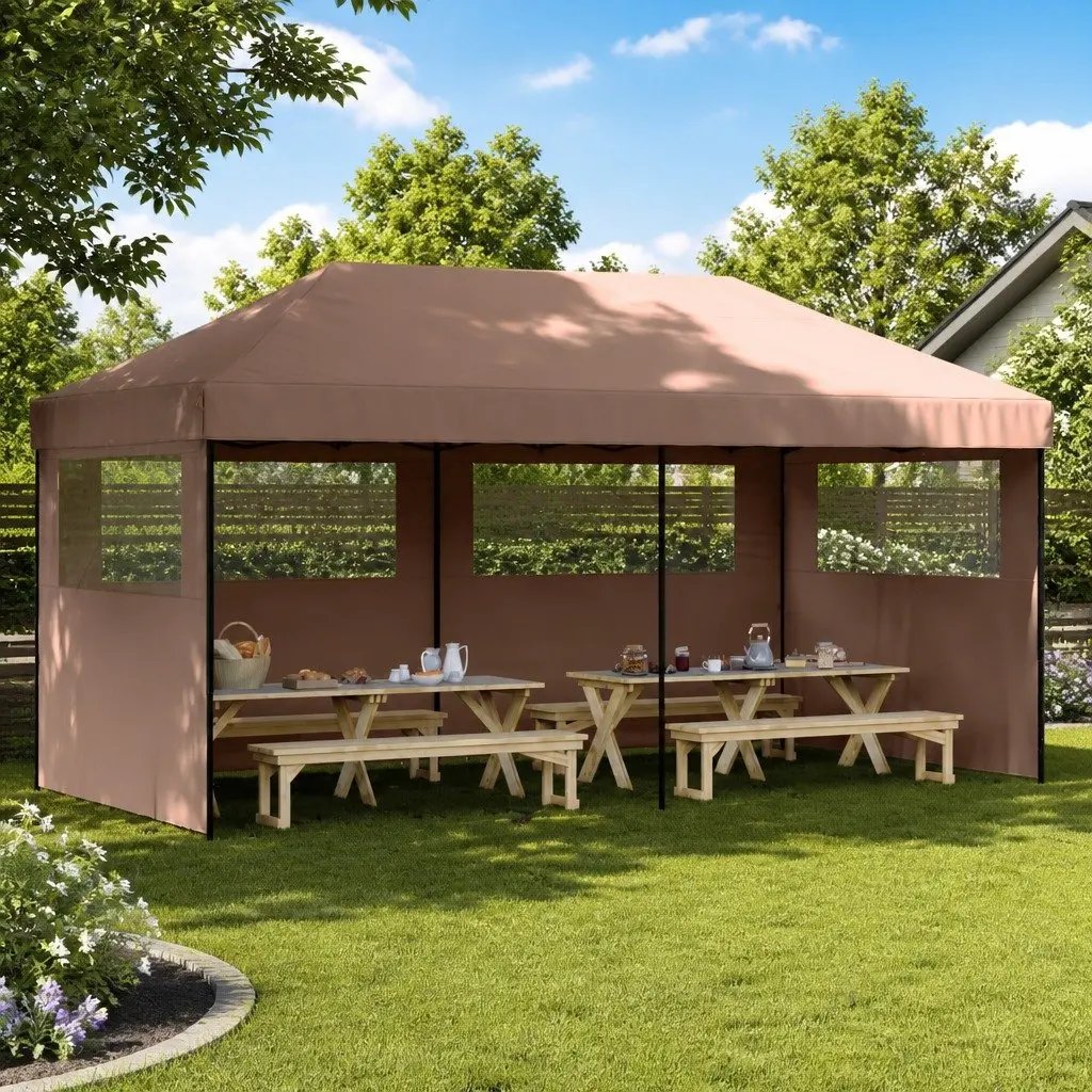 Foldable Pop-Up Party Tent Outdoor Gazebo Canopy 3 Sidewalls Brown