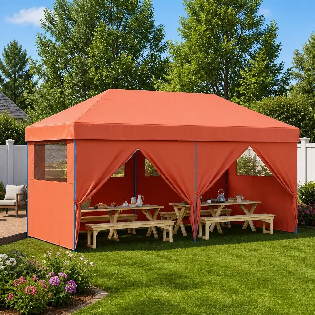 Foldable Pop-Up Party Tent Outdoor Event Canopy Orange 4 Sidewalls