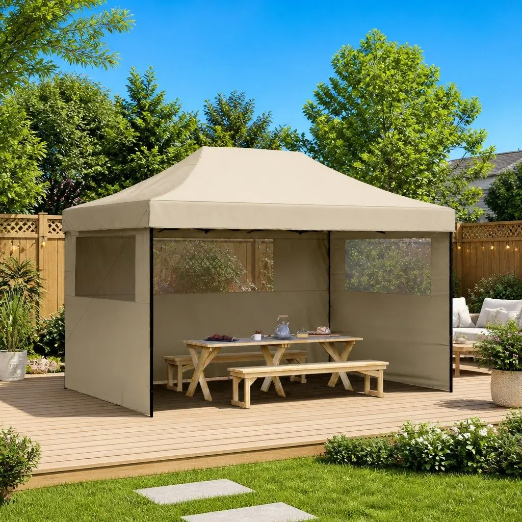 Foldable Pop-Up Party Tent Outdoor Gazebo 3 Sidewalls Clear Windows Taupe