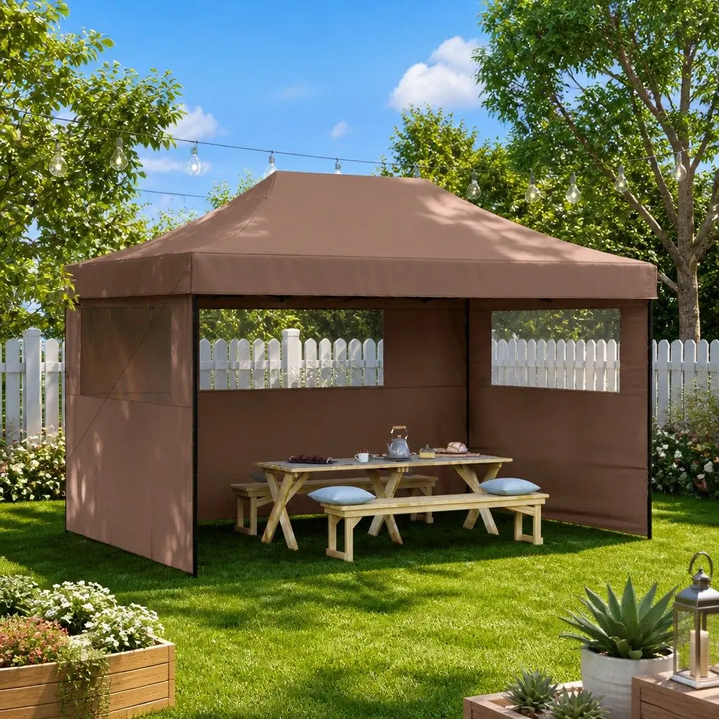 Foldable Pop-Up Party Tent Outdoor Gazebo 3 Sidewalls Brown
