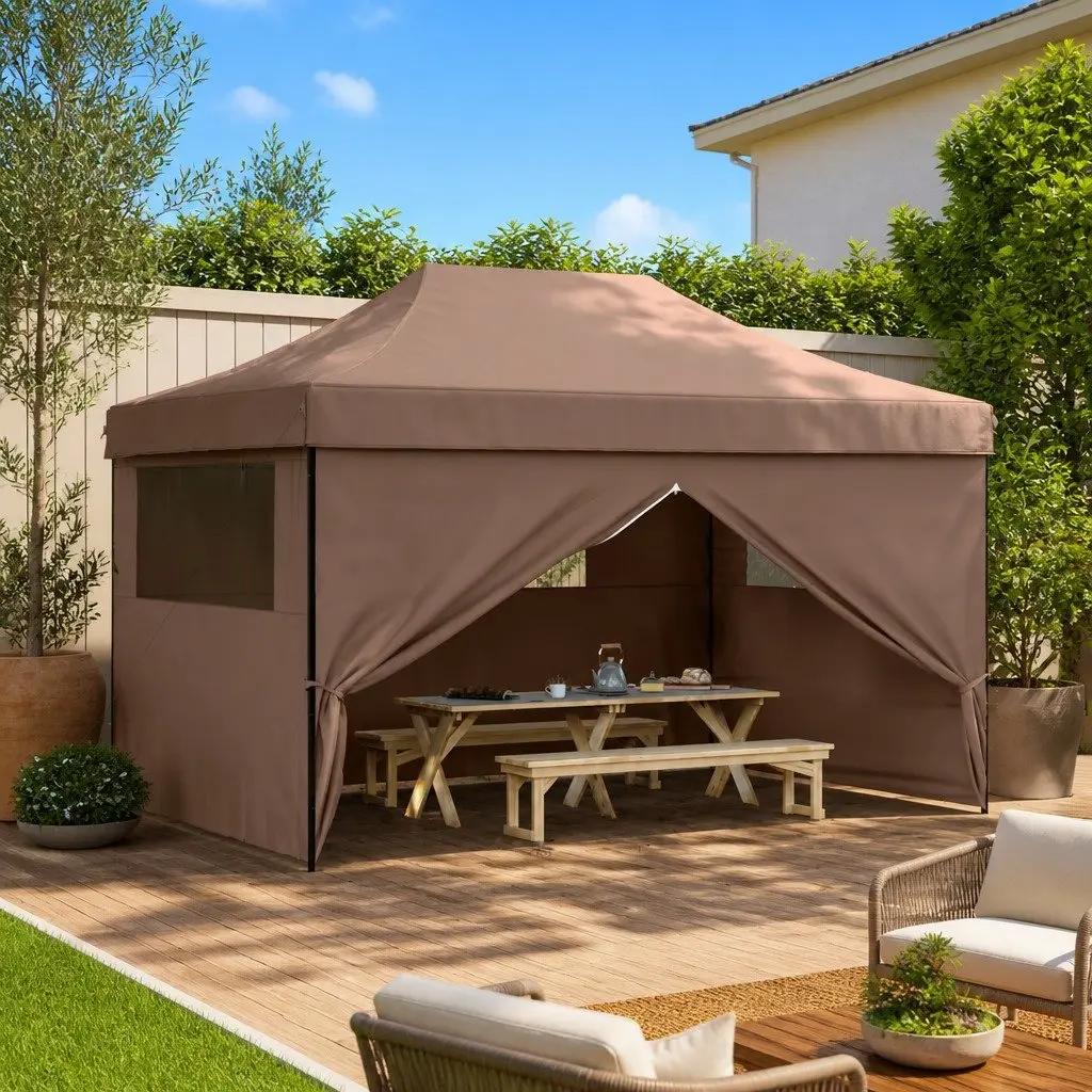 Foldable Pop-Up Party Tent Outdoor Events 4 Sidewalls Clear Windows Zipped Door Brown