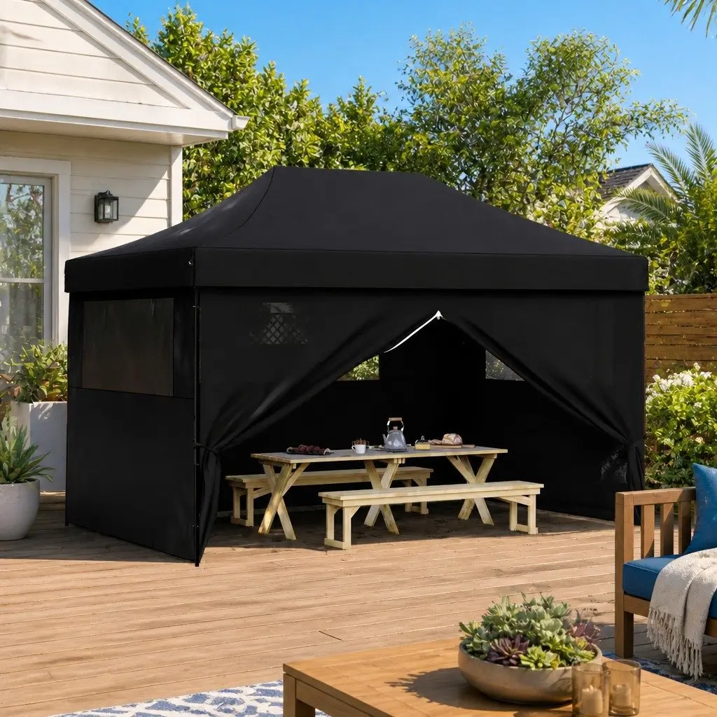 Foldable Pop-Up Party Tent Outdoor Event Shelter 4 Sidewalls Black