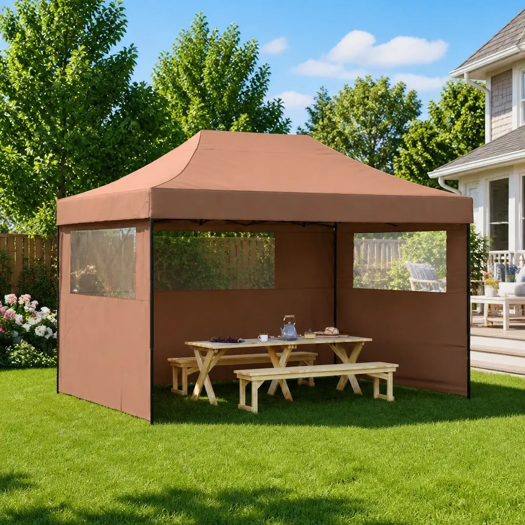 Foldable Pop-Up Party Tent Outdoor Gazebo 3 Sidewalls Brown Garden Canopy