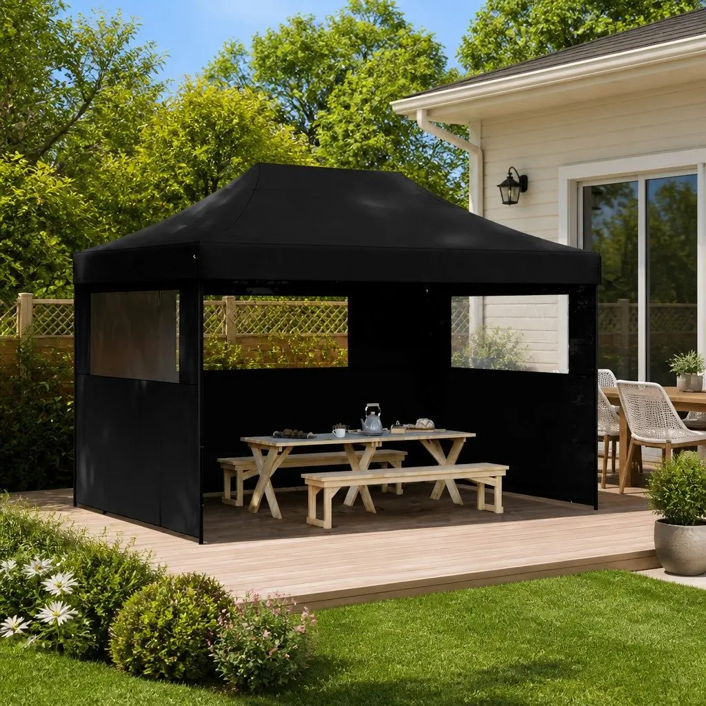 Foldable Pop-Up Party Tent Outdoor Gazebo Canopy 3 Sidewalls Black