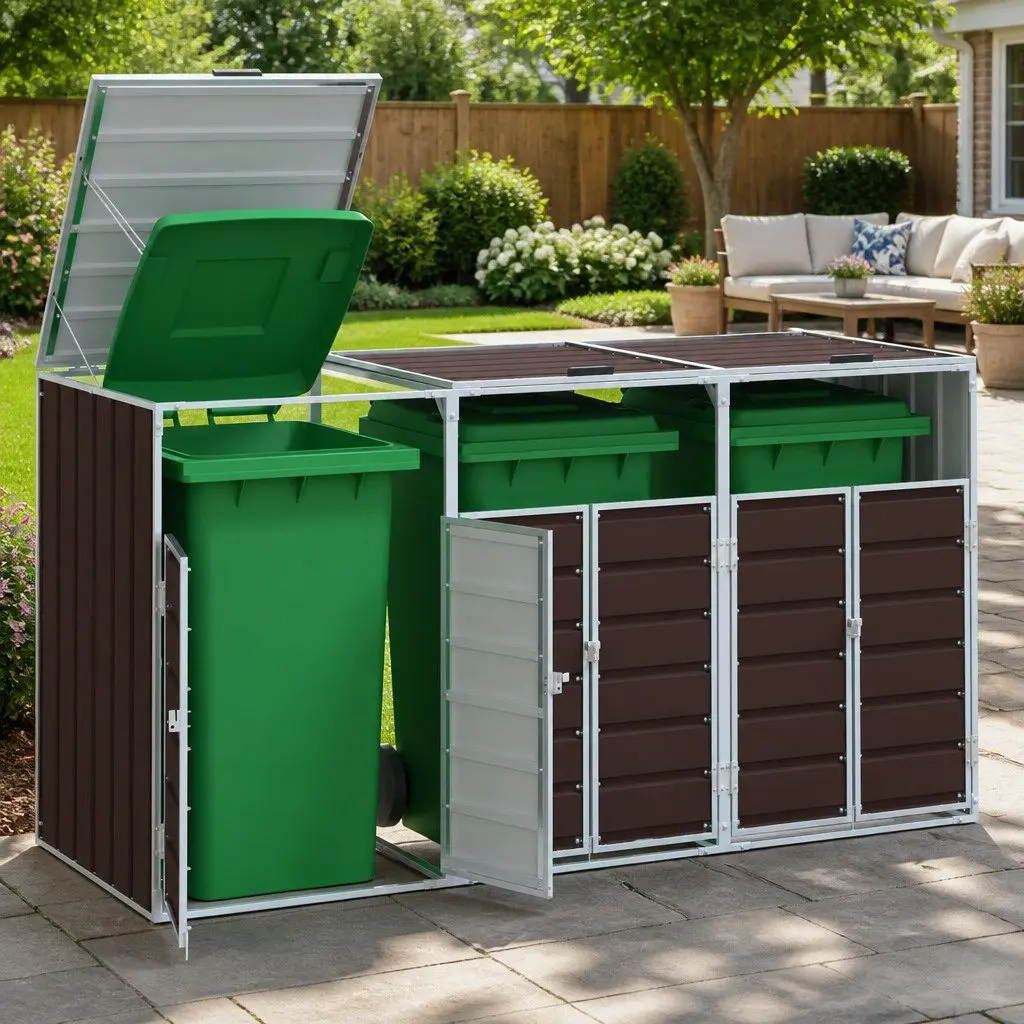 Wheelie Bin Storage Triple Bins Garden Waste Container 216x81x115 cm Brown