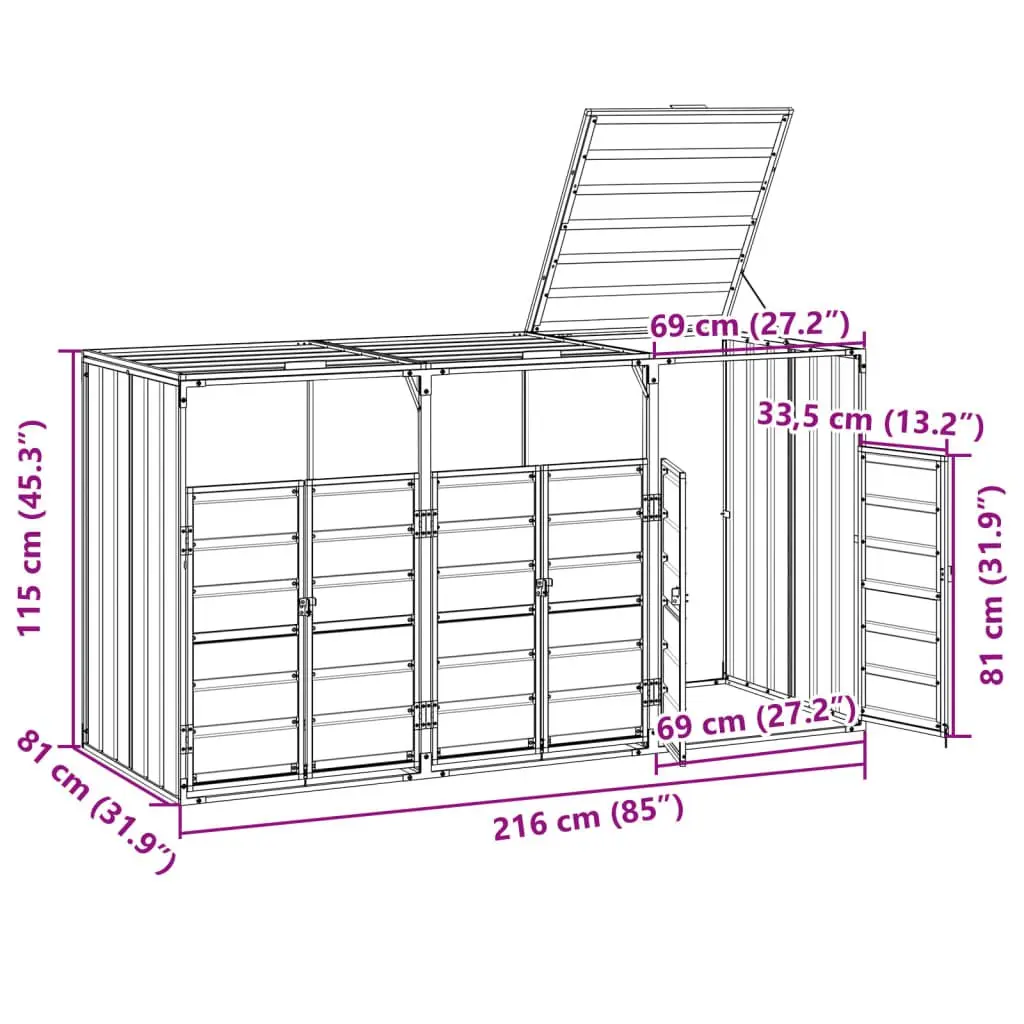 Wheelie Bin Storage Triple Bins Garden Waste Container 216x81x115 cm Brown