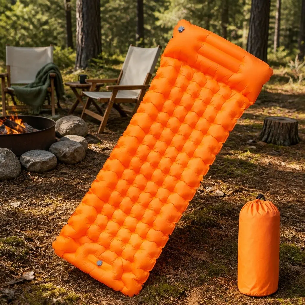 Self Inflating Camping Mattress Single Sleeping Pad with Pillow 10.5 cm Thickness Orange