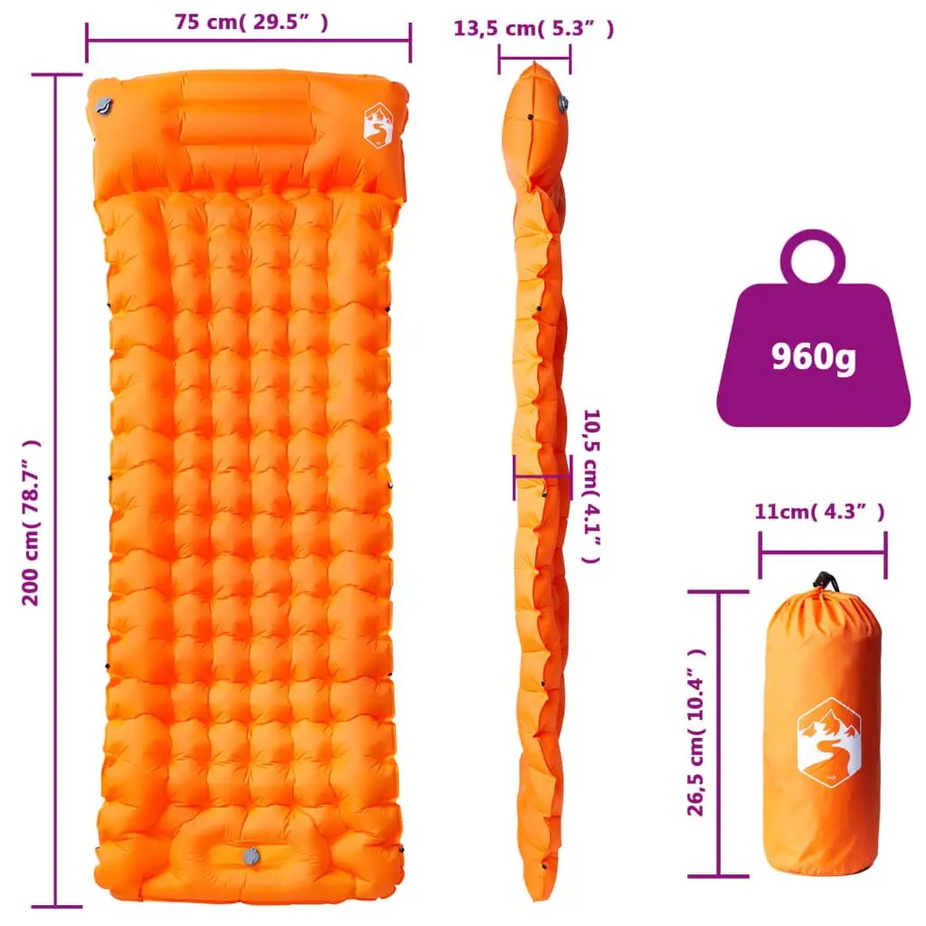 Self Inflating Camping Mattress Single Sleeping Pad with Pillow 10.5 cm Thickness Orange