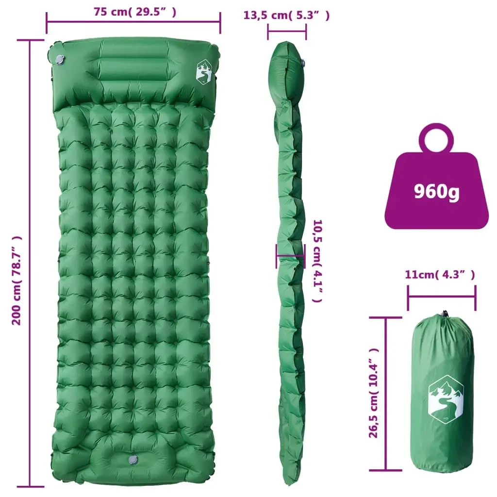 Self Inflating Camping Mattress Single Person Sleeping Pad with Pillow 10.5 cm Green
