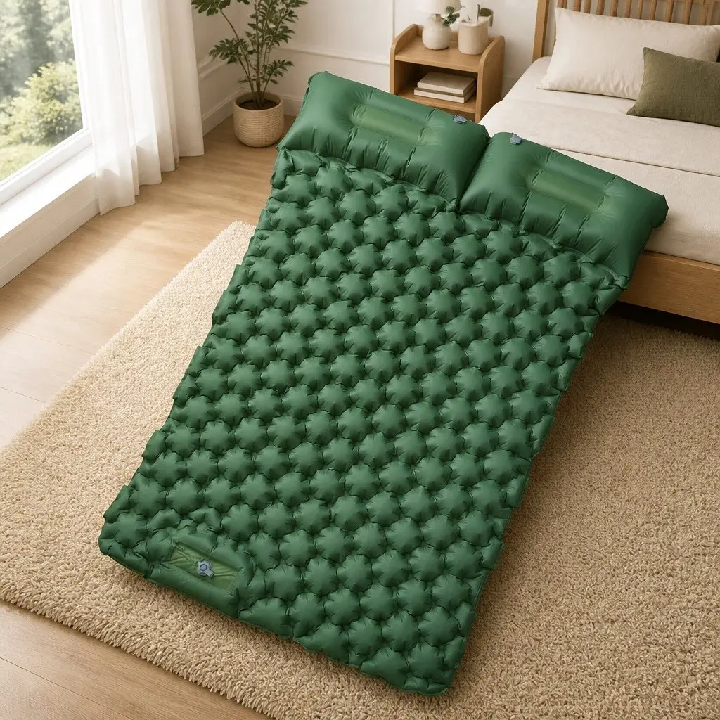 Self Inflating Camping Mattress 2 Person Green Sleeping Pad with Integrated Pillows