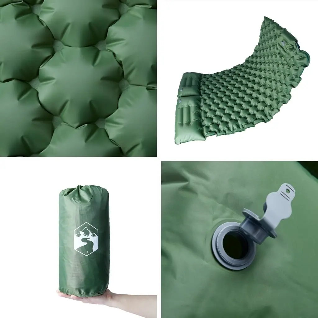 Self Inflating Camping Mattress 2 Person Green Sleeping Pad with Integrated Pillows